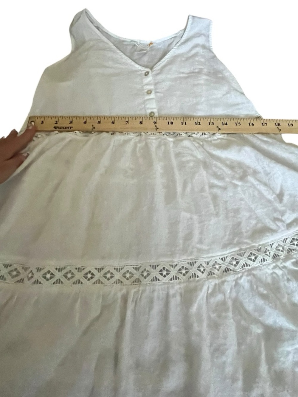 Boho White Tiered Beach Cover Up Mini Dress Lace Trim Flowy Medium Linen Blend - Picture 5 of 9